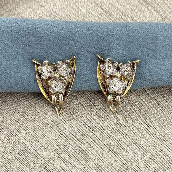 Vintage Vermeil Filigree Flowers Clip On Earrings Silver Gold Cannetille 7/8" L - Picture 3 of 15